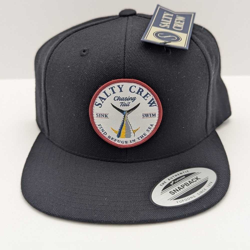 Salty‎ Crew Chasing Tail Snapback Hat Black Yupoong Flat Brim Fishing Cap NEW